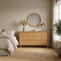 Cômoda em madeira ripada maciça com 6 gavetas na cor nozes | Coleção Jazz